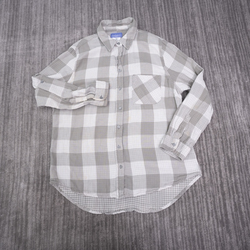Laura Scott Button Up Shirt Womens L White Cream Good Plaid Cotton Long Sleeve